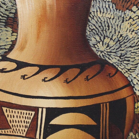 Mid-Century Native American Inspired Basket & Pottery Oil Painting Canvas Signed - Picture 4 of 8